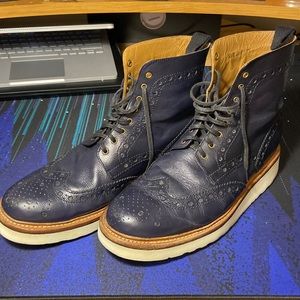 Grenson Fred Brogue Boot in Navy Calf Leather